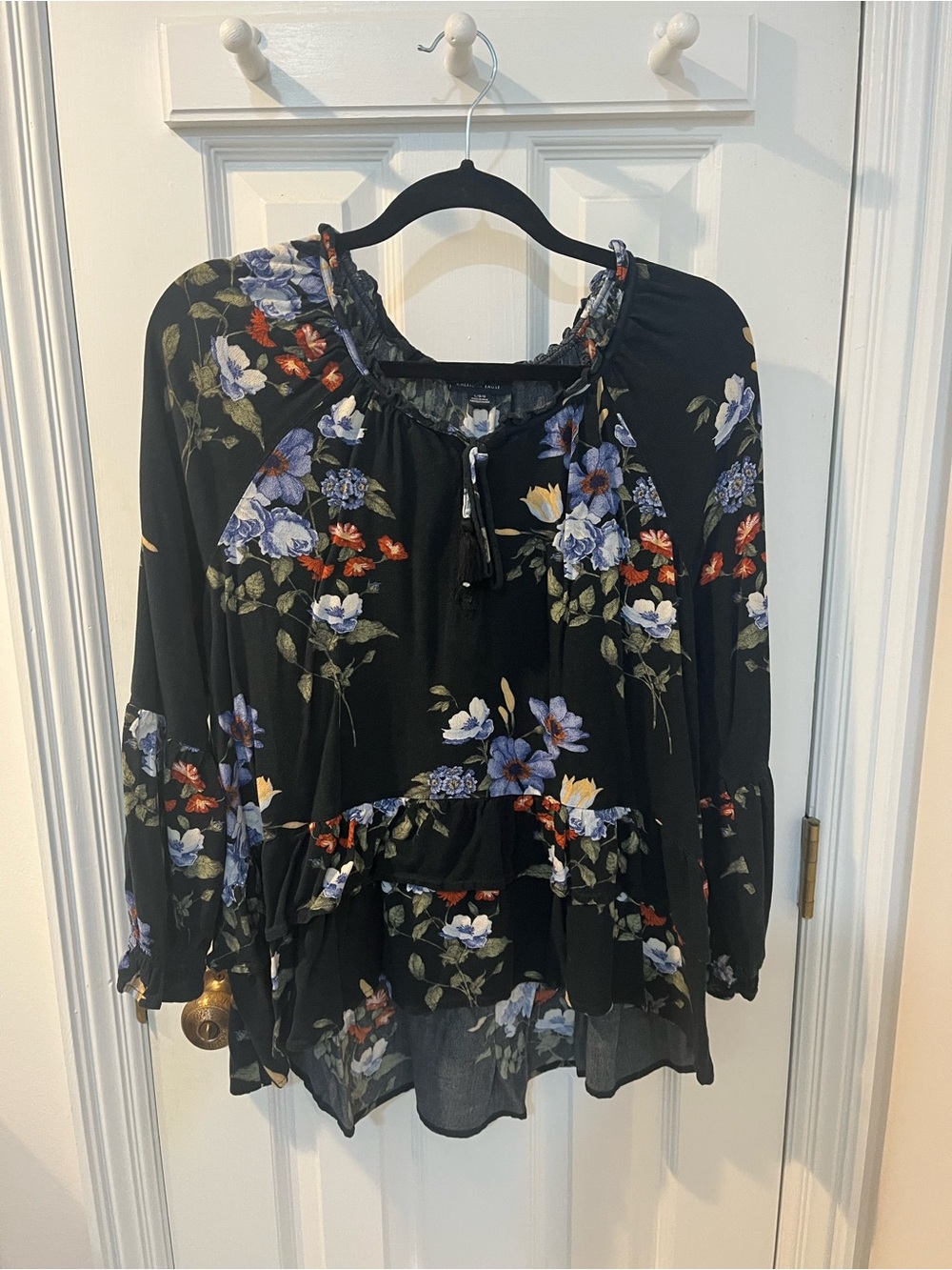 American Eagle Floral Ruffle Hem Black Blouse